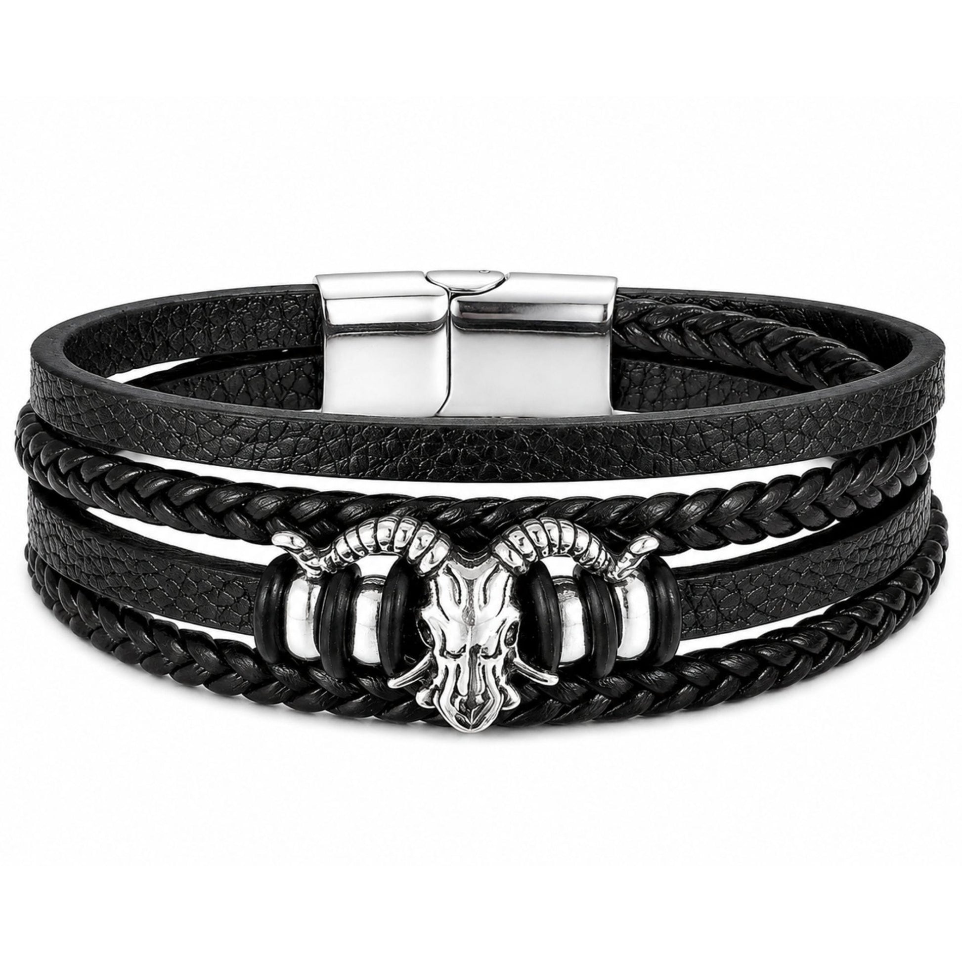 THE MEN THING Leather Bracelet RAM SKULL - Genuine Leather Multi-Layer Bracelet with Stainless Steel Magnetic Buckle for Men & Boys (8 inch)