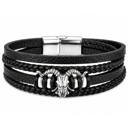 THE MEN THING Leather Bracelet RAM SKULL - Genuine Leather Multi-Layer Bracelet with Stainless Steel Magnetic Buckle for Men & Boys (8 inch)