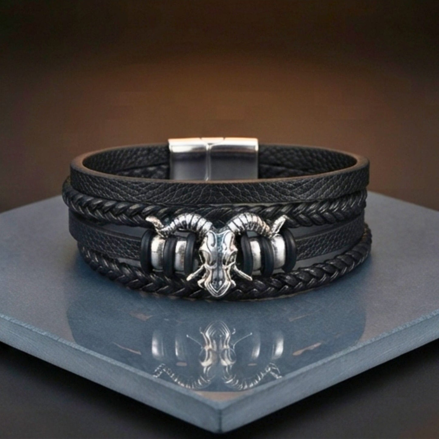 THE MEN THING Leather Bracelet RAM SKULL - Genuine Leather Multi-Layer Bracelet with Stainless Steel Magnetic Buckle for Men & Boys (8 inch)