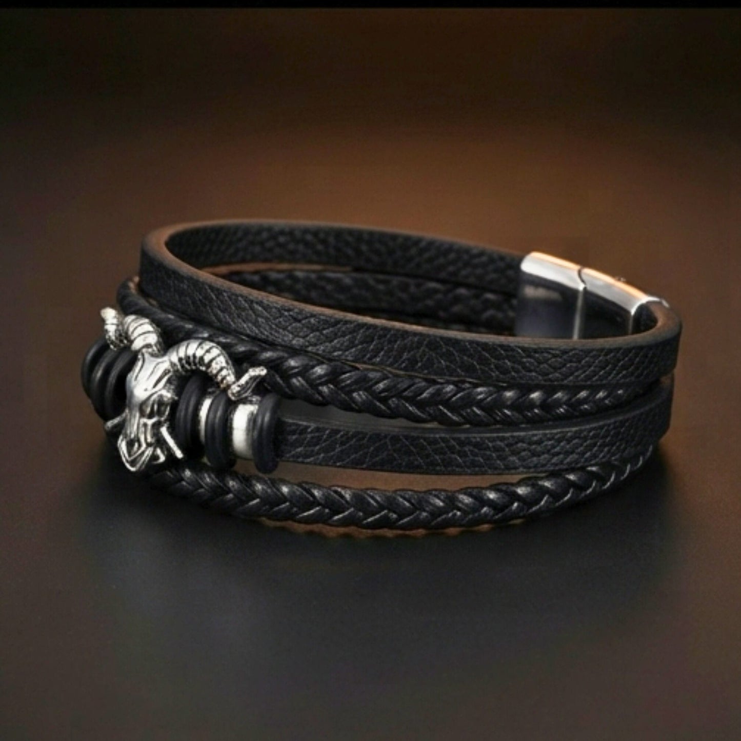 THE MEN THING Leather Bracelet RAM SKULL - Genuine Leather Multi-Layer Bracelet with Stainless Steel Magnetic Buckle for Men & Boys (8 inch)