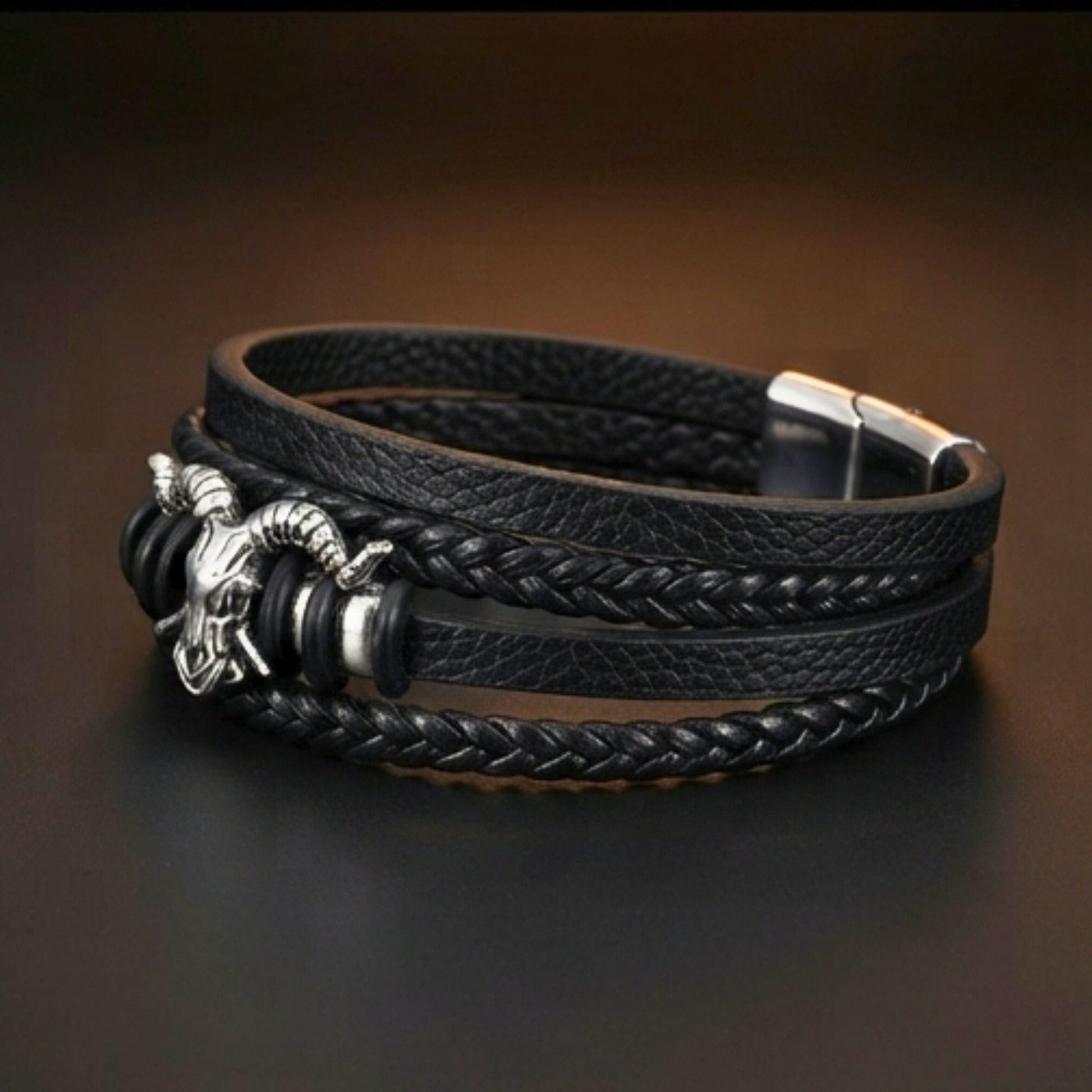 THE MEN THING Leather Bracelet RAM SKULL - Genuine Leather Multi-Layer Bracelet with Stainless Steel Magnetic Buckle for Men & Boys (8 inch)