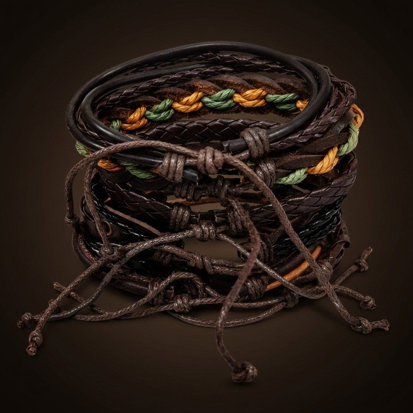THE MEN THING Leather Bracelet RANGER STACK - 6 Pcs Genuine Leather Adjustable Bracelet for Men & Boys