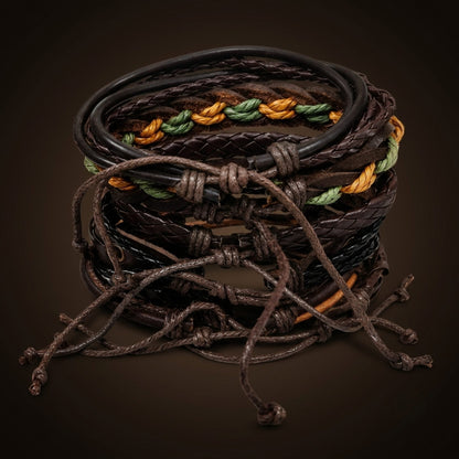 THE MEN THING Leather Bracelet RANGER STACK - 6 Pcs Genuine Leather Adjustable Bracelet for Men & Boys
