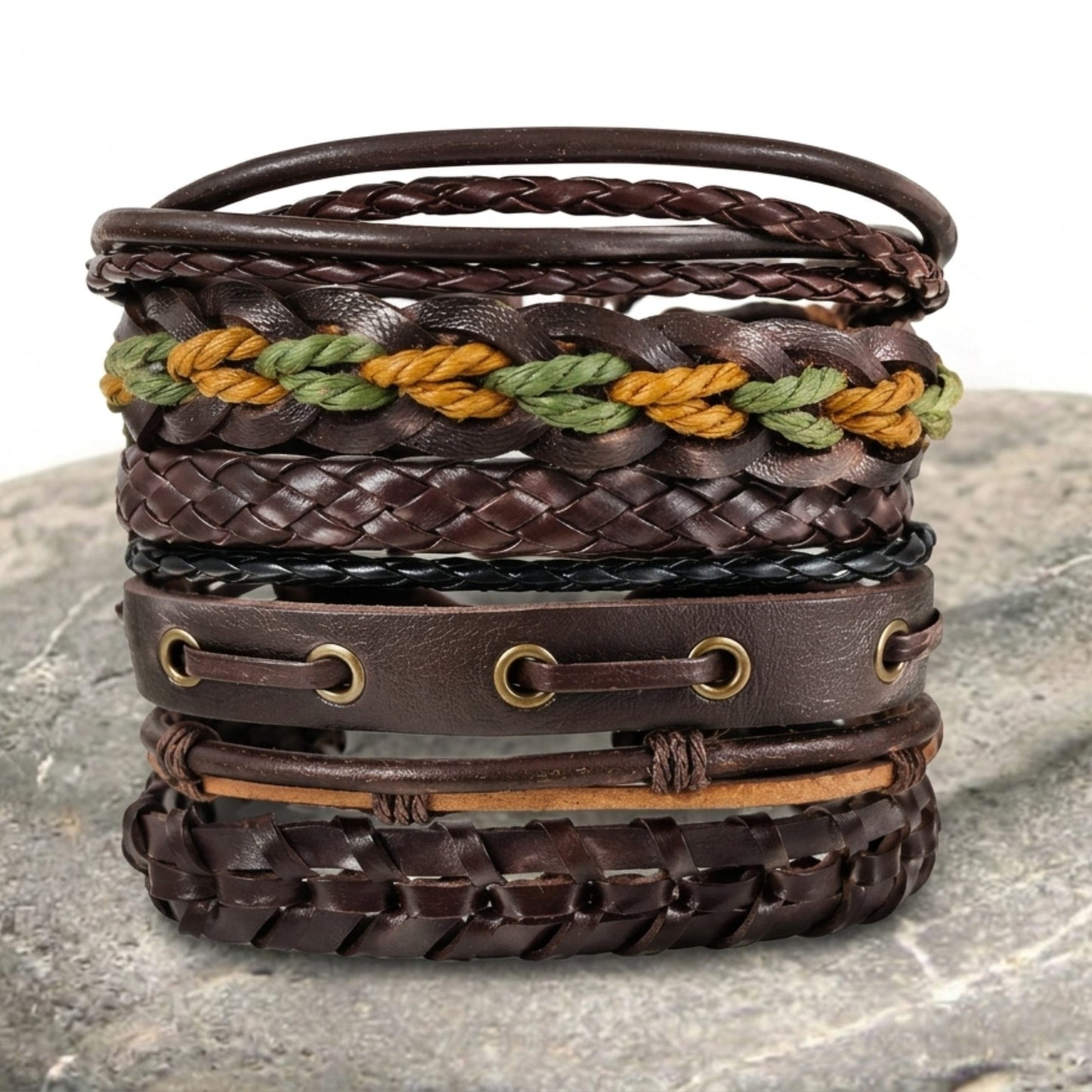 THE MEN THING Leather Bracelet RANGER STACK - 6 Pcs Genuine Leather Adjustable Bracelet for Men & Boys