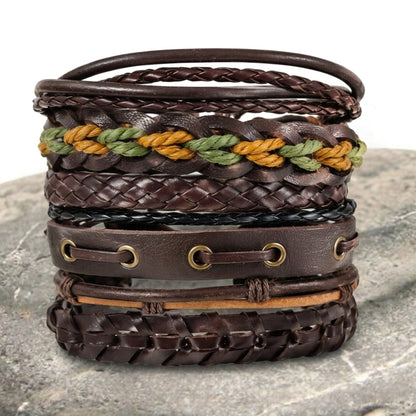 THE MEN THING Leather Bracelet RANGER STACK - 6 Pcs Genuine Leather Adjustable Bracelet for Men & Boys