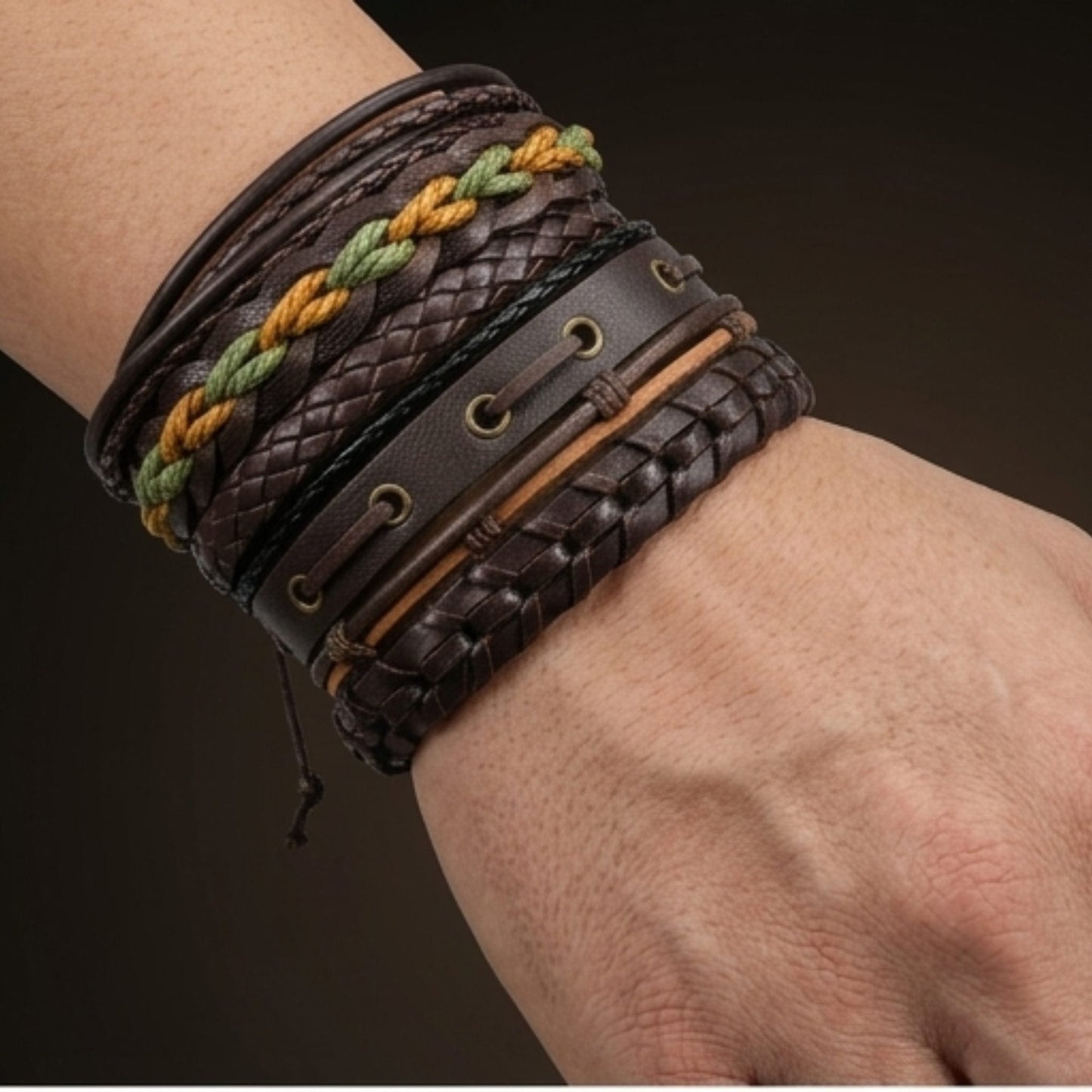 THE MEN THING Leather Bracelet RANGER STACK - 6 Pcs Genuine Leather Adjustable Bracelet for Men & Boys