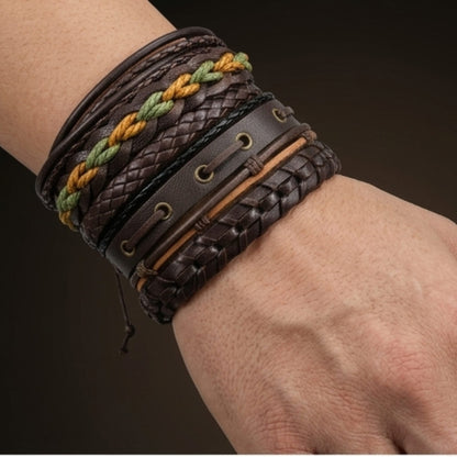 THE MEN THING Leather Bracelet RANGER STACK - 6 Pcs Genuine Leather Adjustable Bracelet for Men & Boys