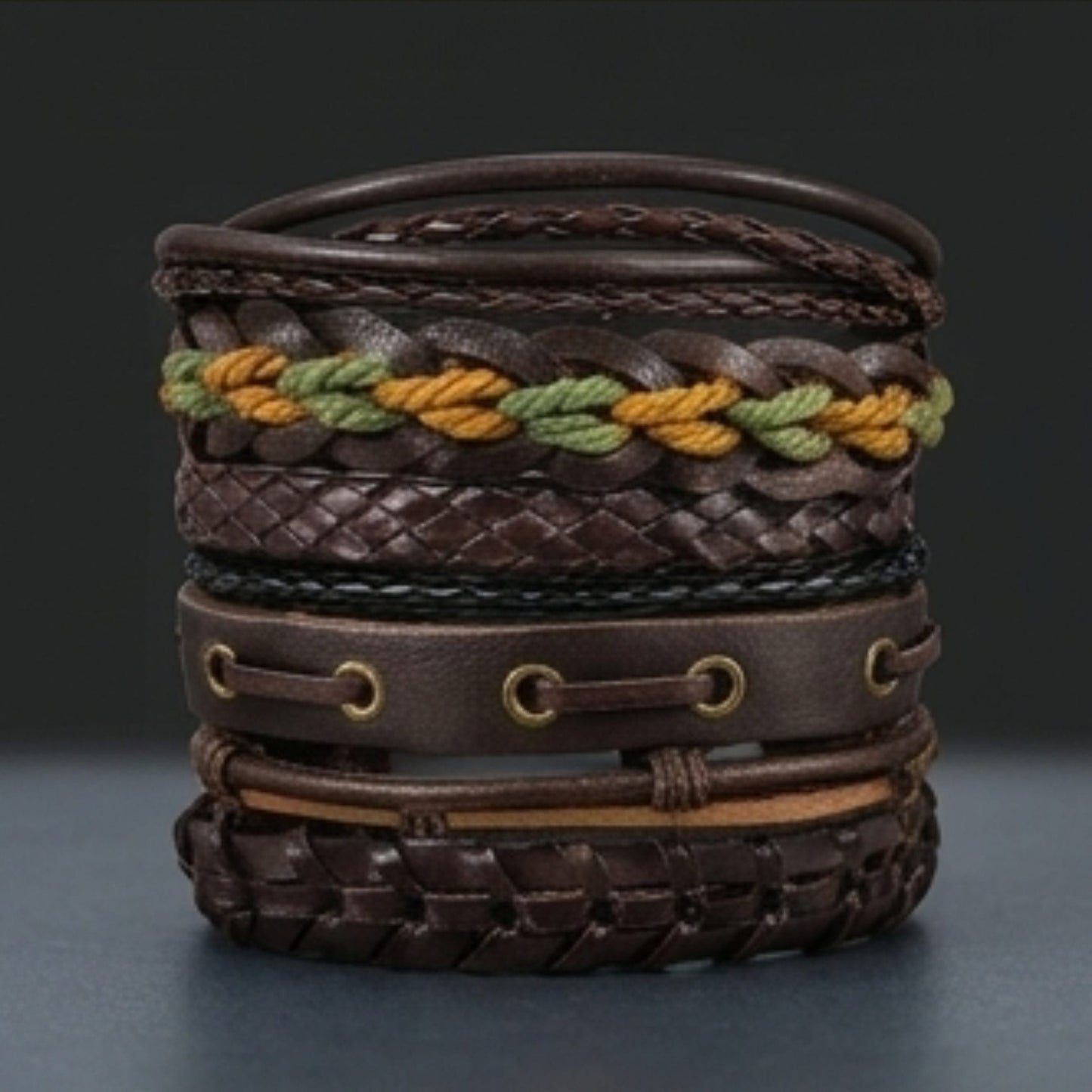 THE MEN THING Leather Bracelet RANGER STACK - 6 Pcs Genuine Leather Adjustable Bracelet for Men & Boys