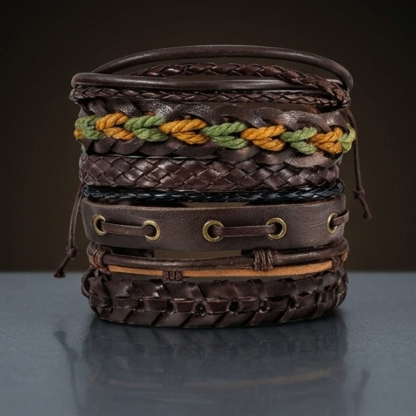 THE MEN THING Leather Bracelet RANGER STACK - 6 Pcs Genuine Leather Adjustable Bracelet for Men & Boys