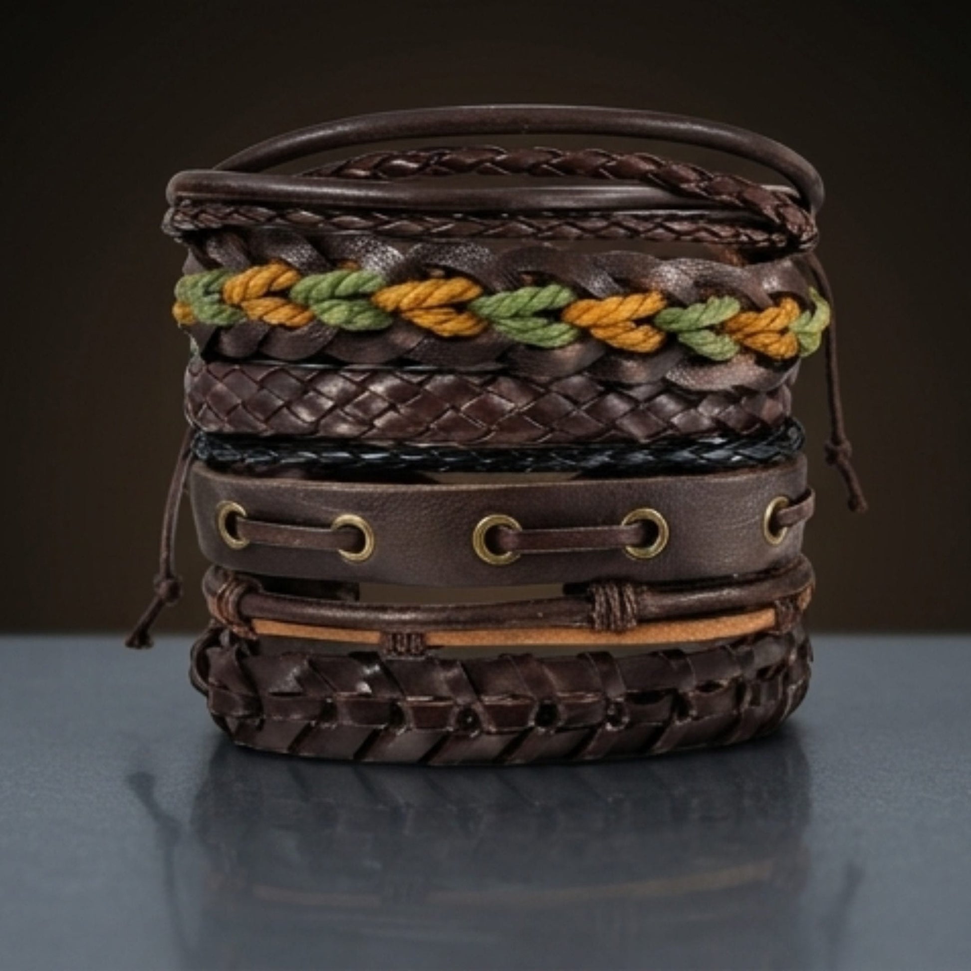 THE MEN THING Leather Bracelet RANGER STACK - 6 Pcs Genuine Leather Adjustable Bracelet for Men & Boys