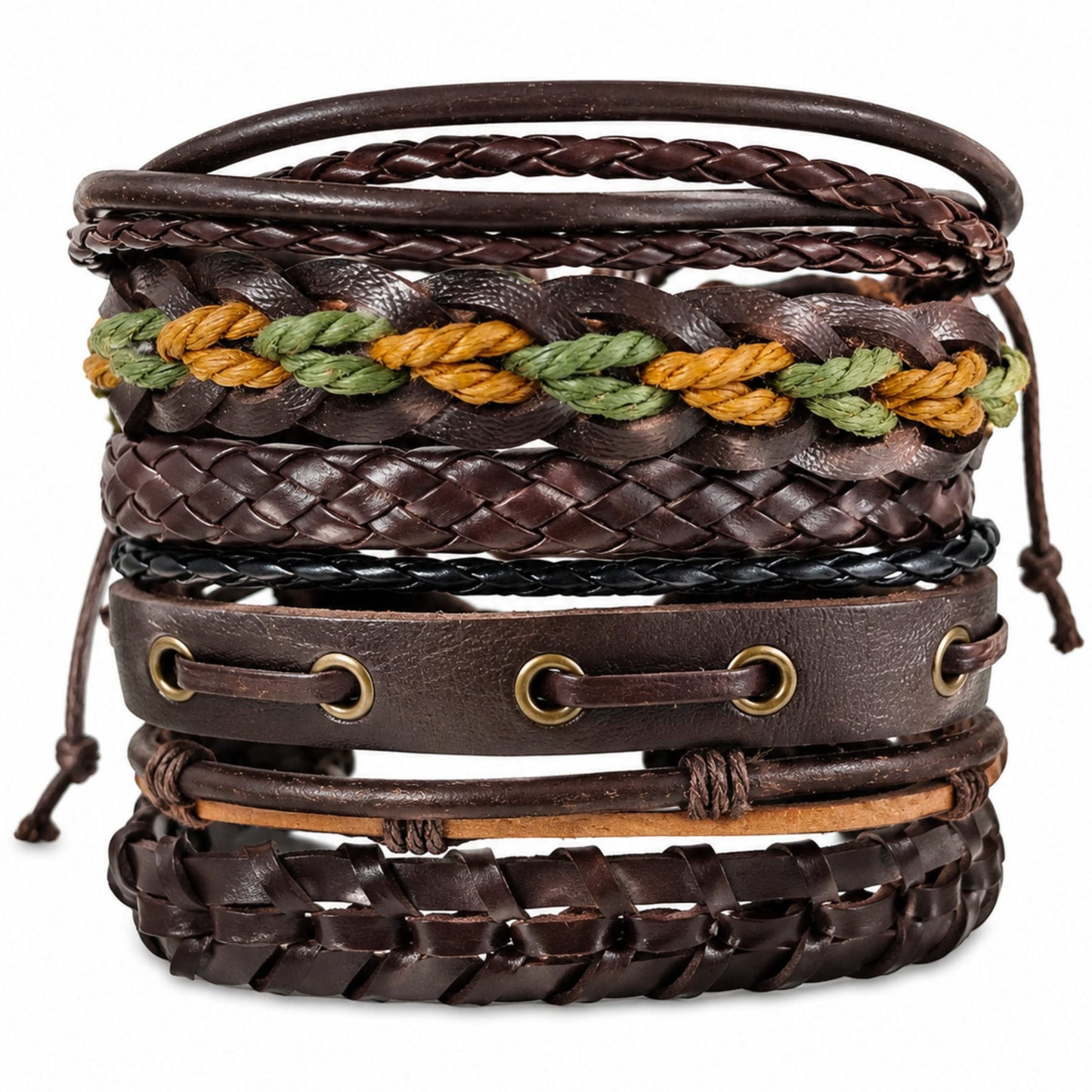 THE MEN THING Leather Bracelet RANGER STACK - 6 Pcs Genuine Leather Adjustable Bracelet for Men & Boys