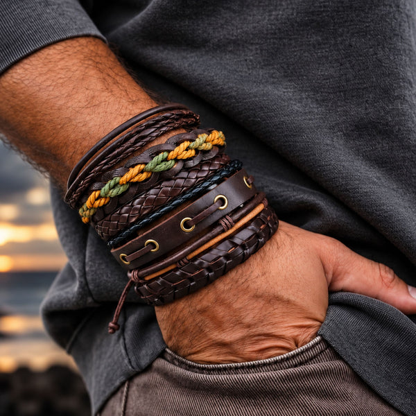 RANGER STACK - 6 Pcs Genuine Leather Adjustable Bracelet for Men & Boys