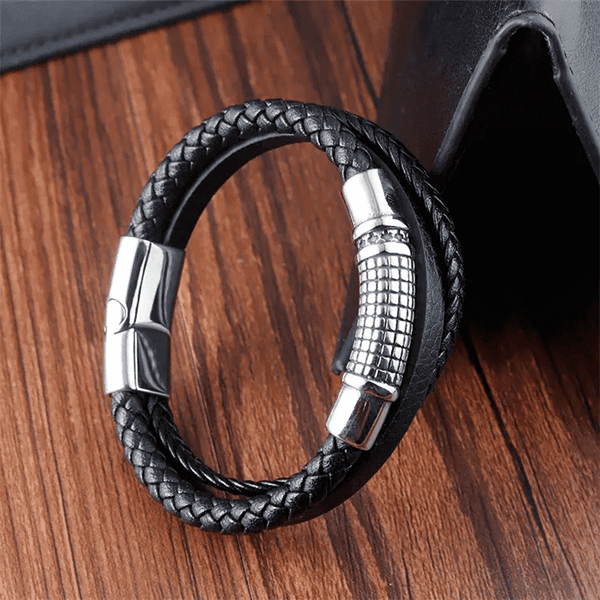 RAVEN NEXA BLACK - Genuine Leather Multi-Layer Braided Bracelet with Stainless Steel Magnetic Buckle for Men & Boys (8 inch)