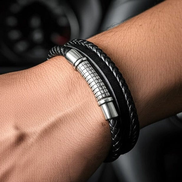 RAVEN NEXA BLACK - Genuine Leather Multi-Layer Braided Bracelet with Stainless Steel Magnetic Buckle for Men & Boys (8 inch)