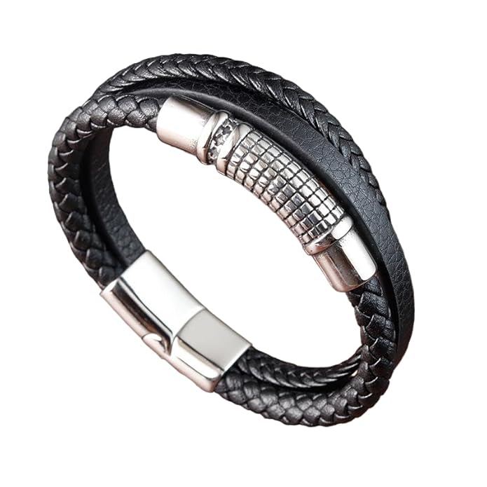 THE MEN THING Leather Bracelet RAVEN NEXA BLACK - Genuine Leather Multi-Layer Braided Bracelet with Stainless Steel Magnetic Buckle for Men & Boys (8 inch)