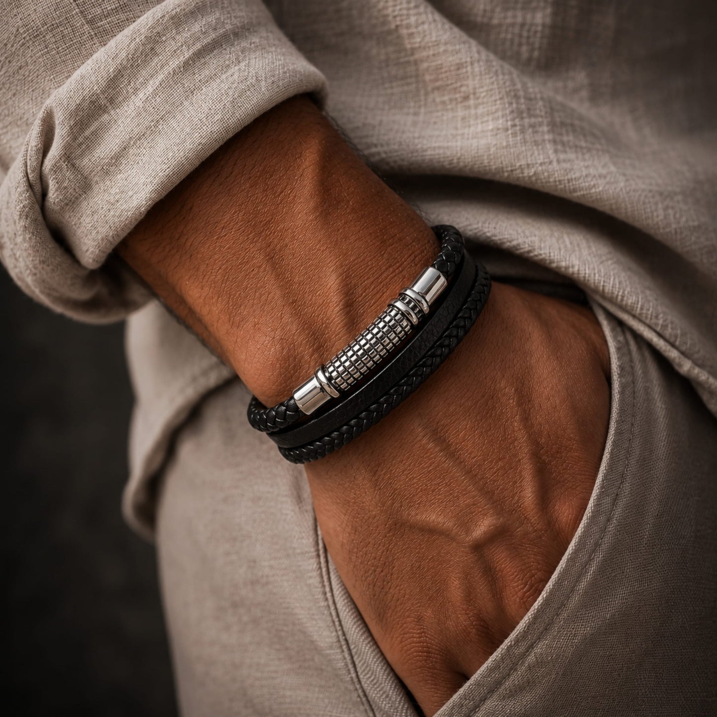 THE MEN THING Leather Bracelet RAVEN NEXA BLACK - Genuine Leather Multi-Layer Braided Bracelet with Stainless Steel Magnetic Buckle for Men & Boys (8 inch)