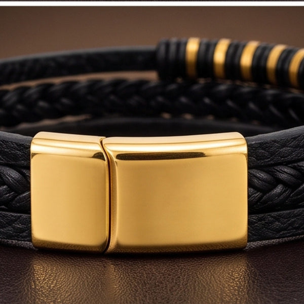 RAVEN RINGS BLACK - Black Leather Bracelet for Men & Boys (8 inch)