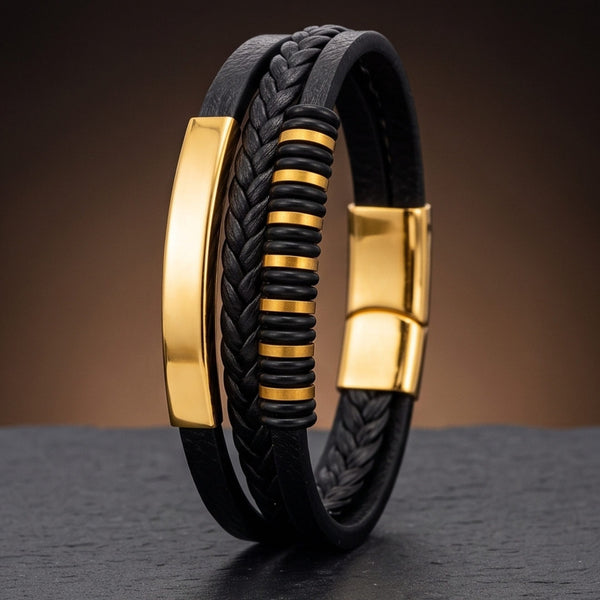 RAVEN RINGS BLACK - Black Leather Bracelet for Men & Boys (8 inch)