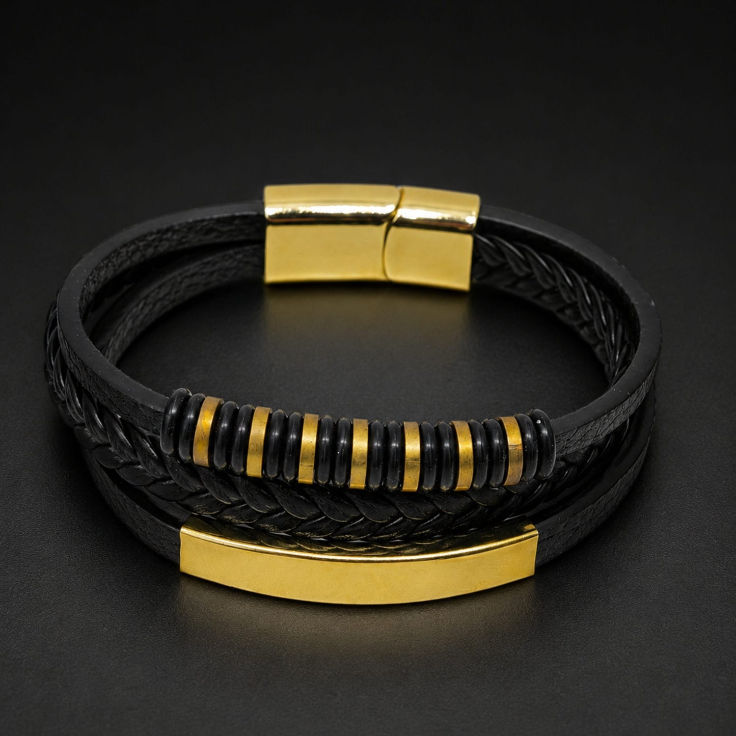 THE MEN THING Leather Bracelet RAVEN RINGS BLACK - Black Leather Bracelet for Men & Boys (8 inch)