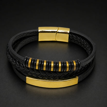 THE MEN THING Leather Bracelet RAVEN RINGS BLACK - Black Leather Bracelet for Men & Boys (8 inch)