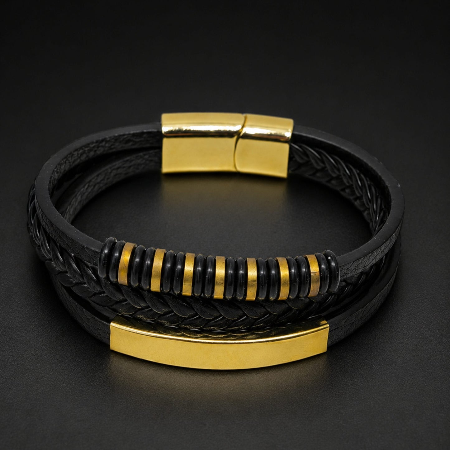 ENGRAVED - RAVEN RINGS BLACK - Black Leather Bracelet for Men & Boys (8 inch)
