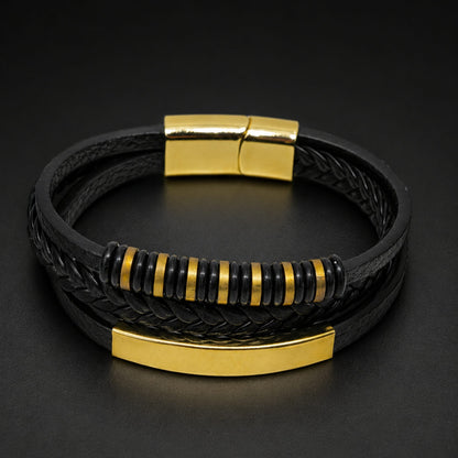 ENGRAVED - RAVEN RINGS BLACK - Black Leather Bracelet for Men & Boys (8 inch)