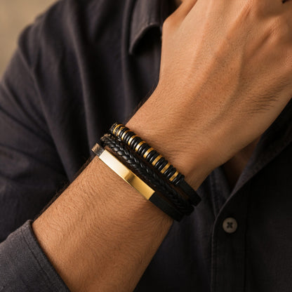THE MEN THING Leather Bracelet RAVEN RINGS BLACK - Black Leather Bracelet for Men & Boys (8 inch)