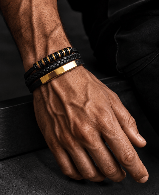 THE MEN THING Leather Bracelet RAVEN RINGS BLACK - Black Leather Bracelet for Men & Boys (8 inch)