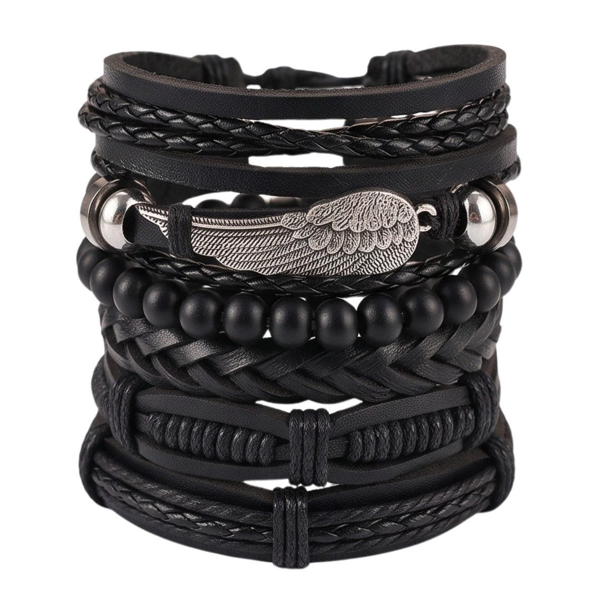 THE MEN THING Leather Bracelet RAVEN WING - 6Pcs Genuine Leather Adjustable Bracelets Set for Men & Boys