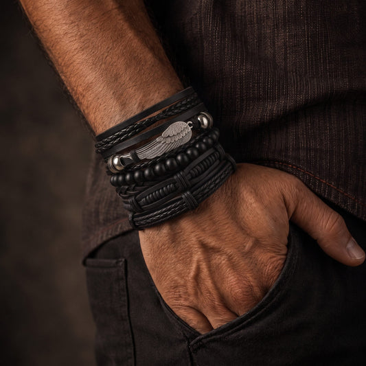 THE MEN THING Leather Bracelet RAVEN WING - 6Pcs Genuine Leather Adjustable Bracelets Set for Men & Boys