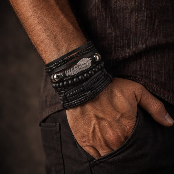 RAVEN WING - 6Pcs Genuine Leather Adjustable Bracelets Set for Men & Boys