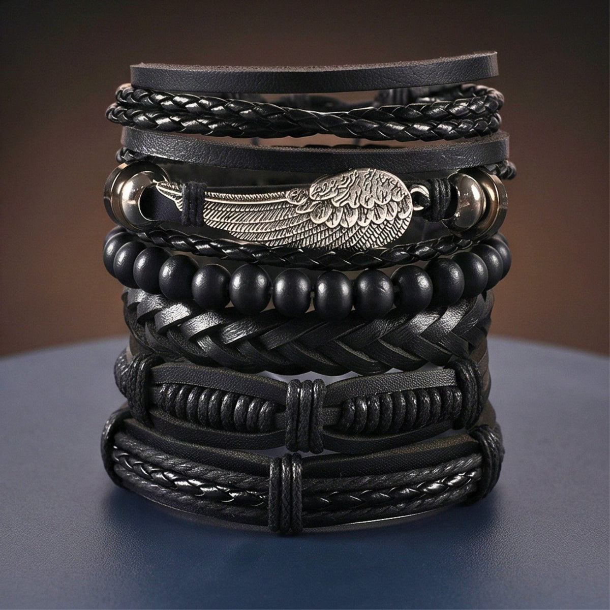THE MEN THING Leather Bracelet RAVEN WING - 6Pcs Genuine Leather Adjustable Bracelets Set for Men & Boys
