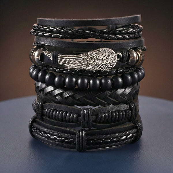 RAVEN WING - 6Pcs Genuine Leather Adjustable Bracelets Set for Men & Boys