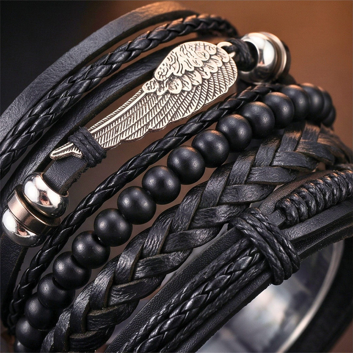 THE MEN THING Leather Bracelet RAVEN WING - 6Pcs Genuine Leather Adjustable Bracelets Set for Men & Boys