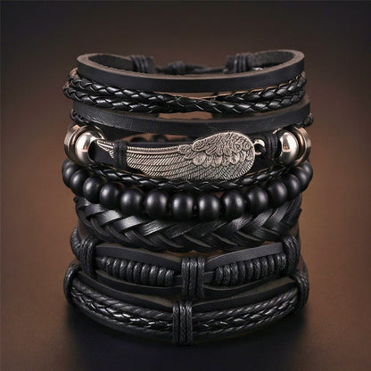 THE MEN THING Leather Bracelet RAVEN WING - 6Pcs Genuine Leather Adjustable Bracelets Set for Men & Boys