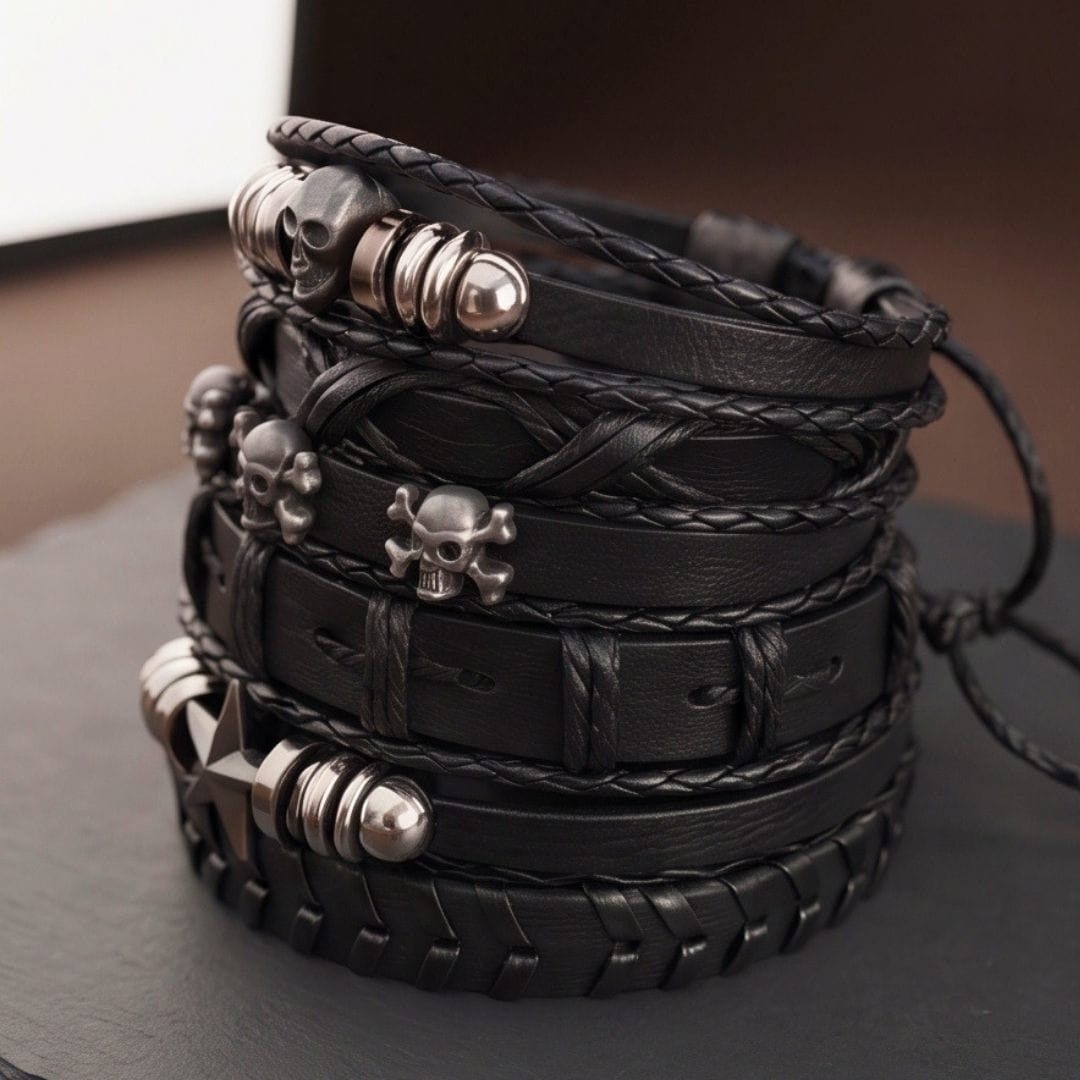 THE MEN THING Leather Bracelet REAPER STAR STACK - 6 Pcs Genuine Leather Adjustable Bracelet for Men & Boys