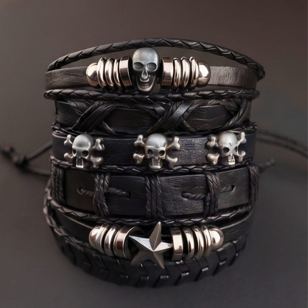 THE MEN THING Leather Bracelet REAPER STAR STACK - 6 Pcs Genuine Leather Adjustable Bracelet for Men & Boys