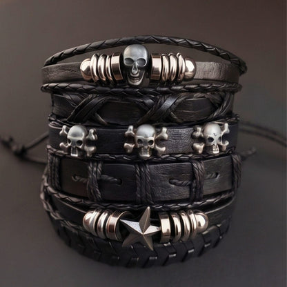 THE MEN THING Leather Bracelet REAPER STAR STACK - 6 Pcs Genuine Leather Adjustable Bracelet for Men & Boys