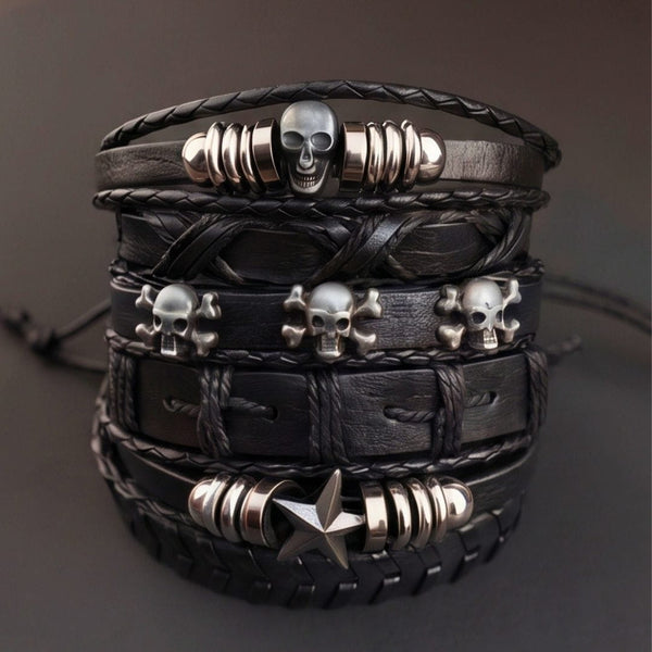 REAPER STAR STACK - 6 Pcs Genuine Leather Adjustable Bracelet for Men & Boys