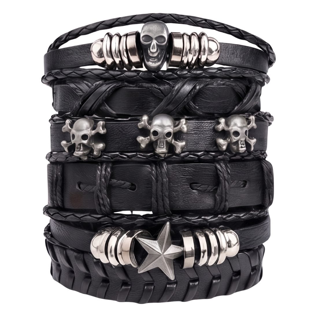 THE MEN THING Leather Bracelet REAPER STAR STACK - 6 Pcs Genuine Leather Adjustable Bracelet for Men & Boys