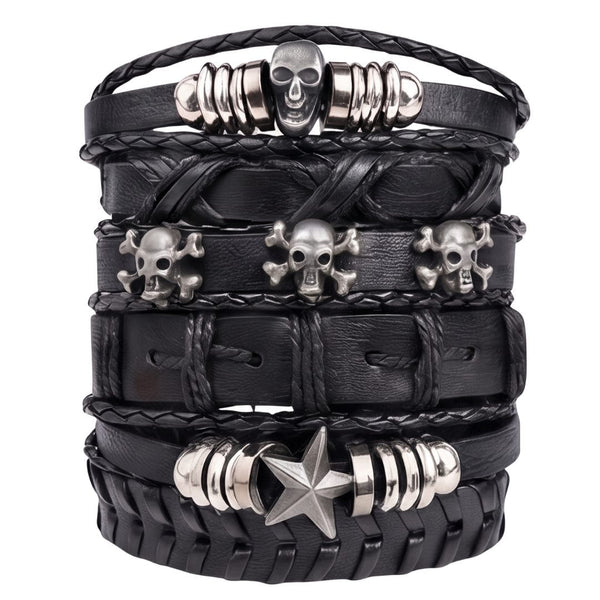 REAPER STAR STACK - 6 Pcs Genuine Leather Adjustable Bracelet for Men & Boys