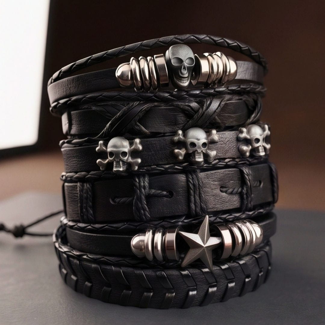 THE MEN THING Leather Bracelet REAPER STAR STACK - 6 Pcs Genuine Leather Adjustable Bracelet for Men & Boys