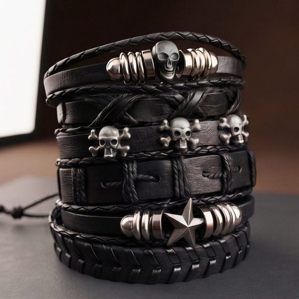 REAPER STAR STACK - 6 Pcs Genuine Leather Adjustable Bracelet for Men & Boys