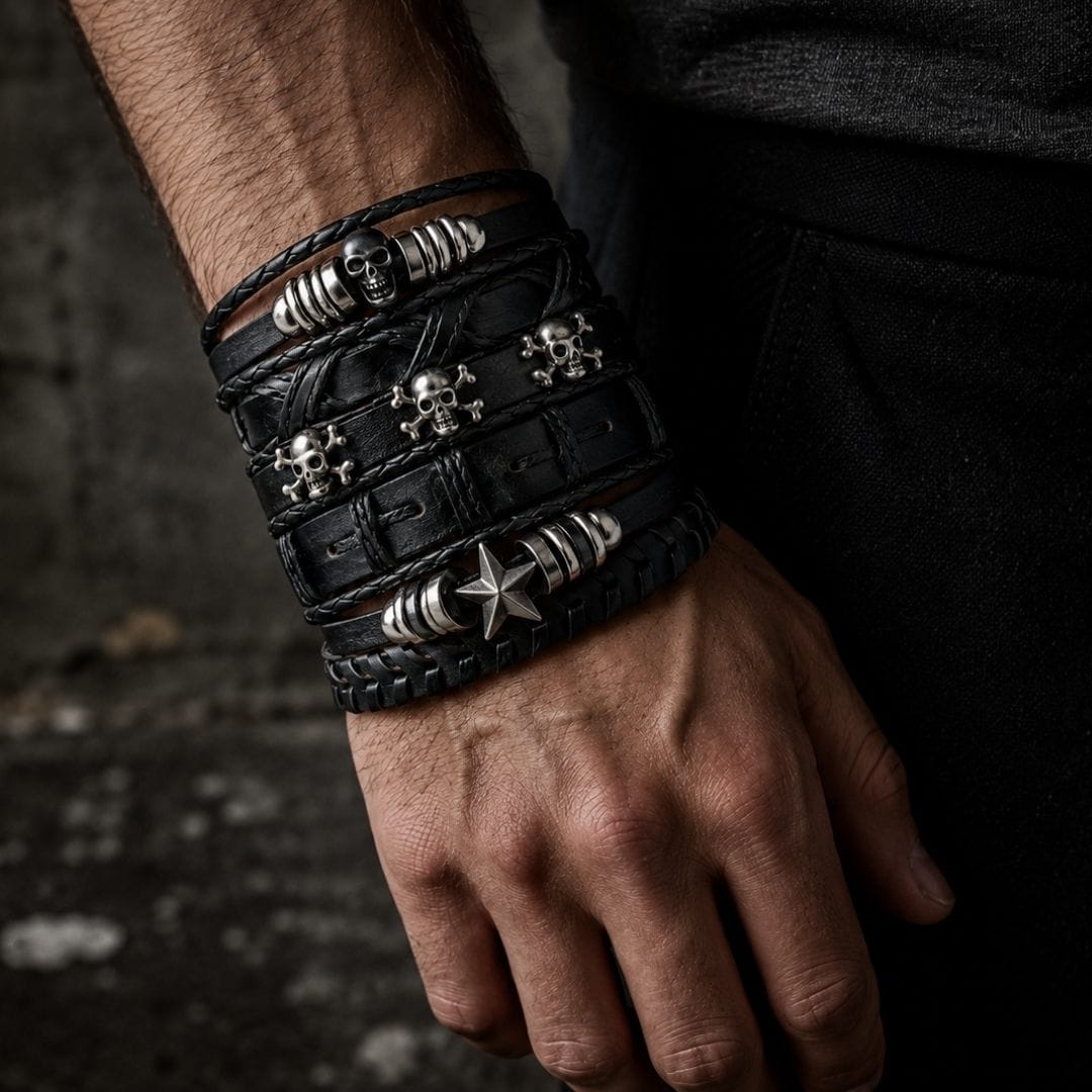 THE MEN THING Leather Bracelet REAPER STAR STACK - 6 Pcs Genuine Leather Adjustable Bracelet for Men & Boys
