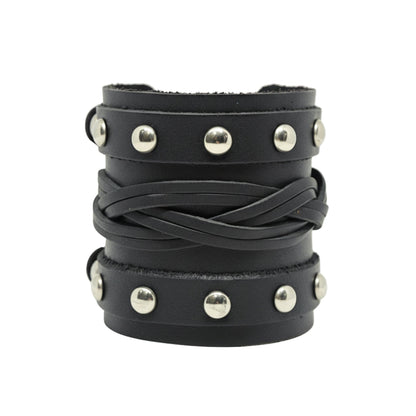 THE MEN THING Leather Bracelet REBEL EDGE - 70mm Black Genuine Leather Adjustable Bracelet for Men & Boys (10 inch)