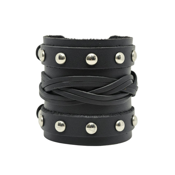 REBEL EDGE - 70mm Black Genuine Leather Adjustable Bracelet for Men & Boys (10 inch)