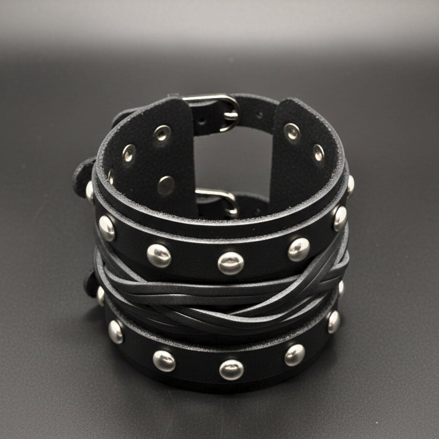 THE MEN THING Leather Bracelet REBEL EDGE - 70mm Black Genuine Leather Adjustable Bracelet for Men & Boys (10 inch)