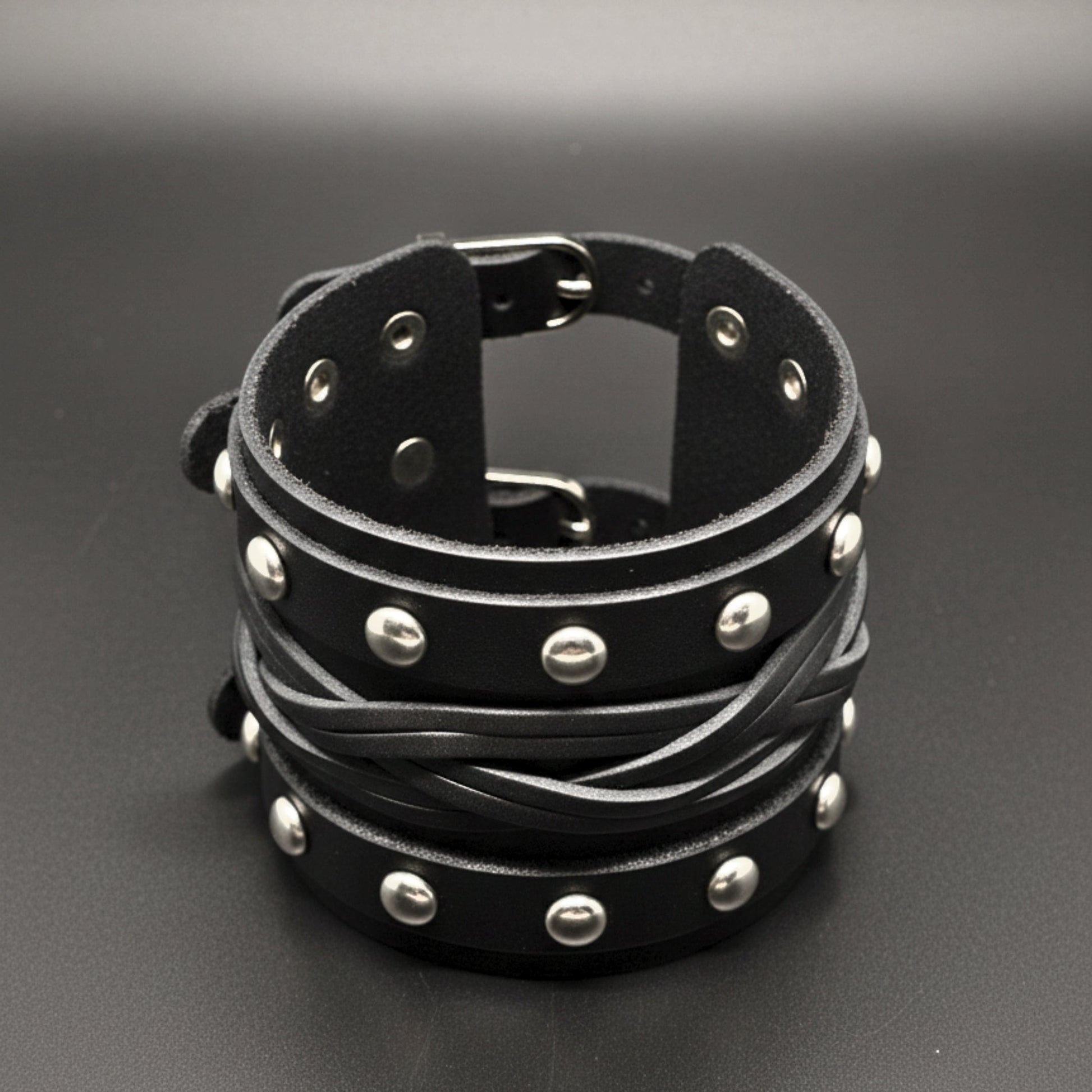 THE MEN THING Leather Bracelet REBEL EDGE - 70mm Black Genuine Leather Adjustable Bracelet for Men & Boys (10 inch)