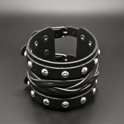 THE MEN THING Leather Bracelet REBEL EDGE - 70mm Black Genuine Leather Adjustable Bracelet for Men & Boys (10 inch)