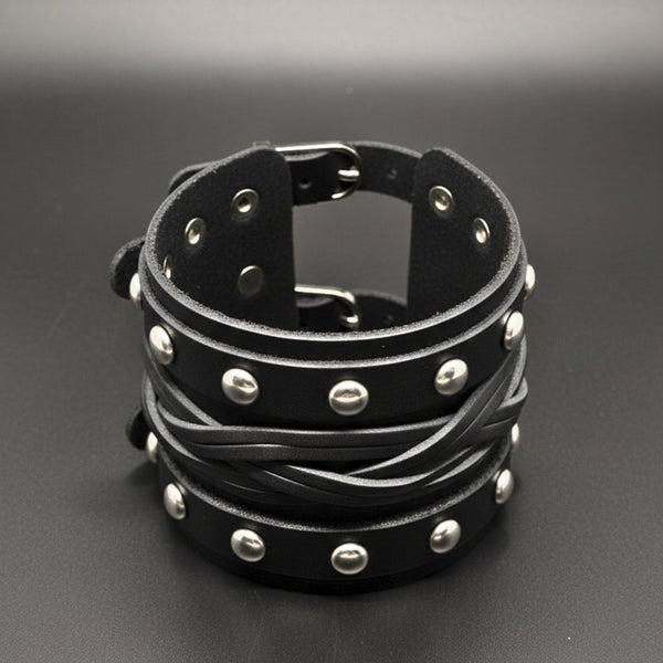 REBEL EDGE - 70mm Black Genuine Leather Adjustable Bracelet for Men & Boys (10 inch)